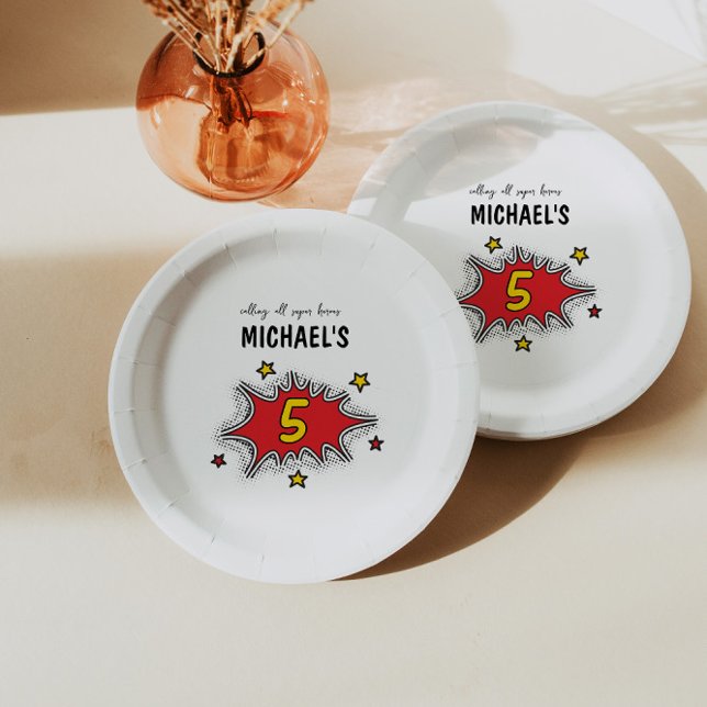 Prato De Papel Aniversário do 5 de Super Herói Dinâmico (Criador carregado)