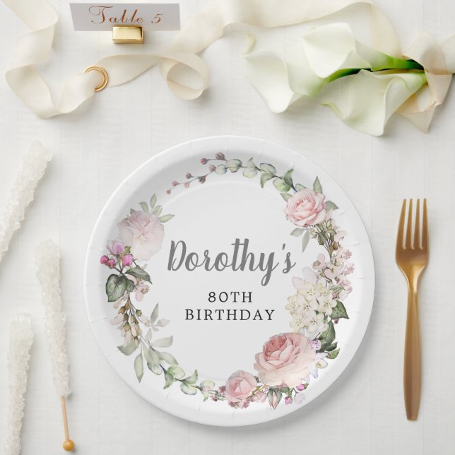Prato De Papel Aniversário do 80 Floral Rosa Russo (Casamento)
