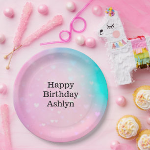 Prato De Papel Aniversário do Aqua Pink Bokeh Hearts
