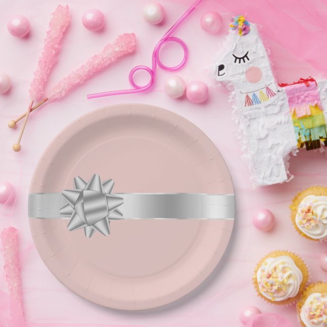 Prato De Papel Aniversário do Arco de Fita Silver Blush (Festa)