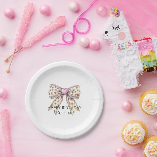 Prato De Papel Aniversário do Arco Menino Leopard do Coração Rosa (Festa)