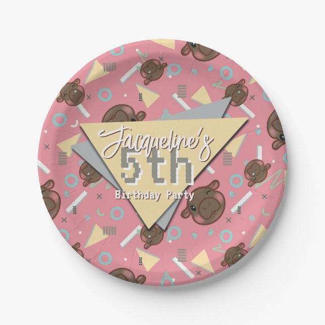 Prato De Papel Aniversário do Bebê Rosa-Rosa Hipopótamo (Frente)