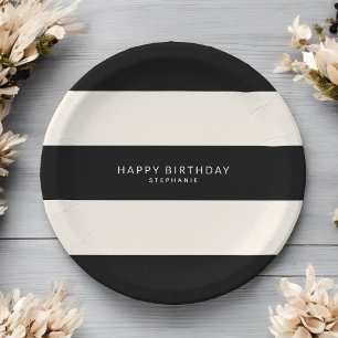 Prato De Papel Aniversário do Black and Eggshell White Stripes