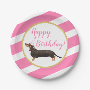 Prato De Papel Aniversário do Black Tan Dachshund Pink