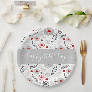 Prato De Papel Aniversário do Bonito Vermelho e Cinza Moderno