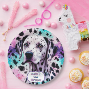 Prato De Papel Aniversário do Cachorro Rosa-Rosa Turquesa Roxo