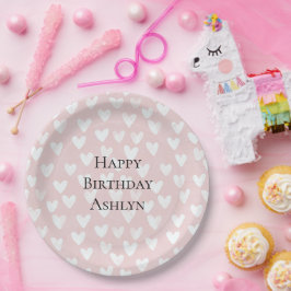 Prato De Papel Aniversário do Corações Brancos Rosa Girly