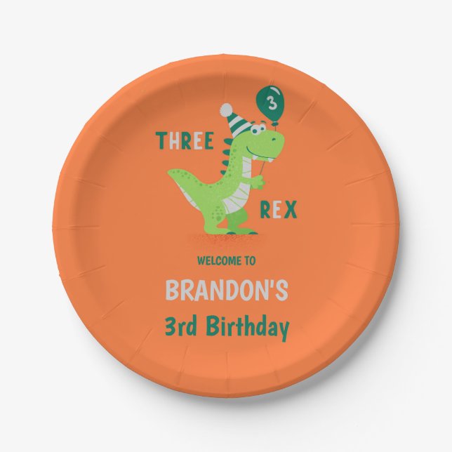 Prato De Papel Aniversário do Dinosaur Three Rex 3 anos (Frente)