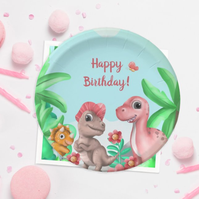 Prato De Papel Aniversário do Dinossauro da Menina (Girl's Dinosaur Birthday Party Plate)