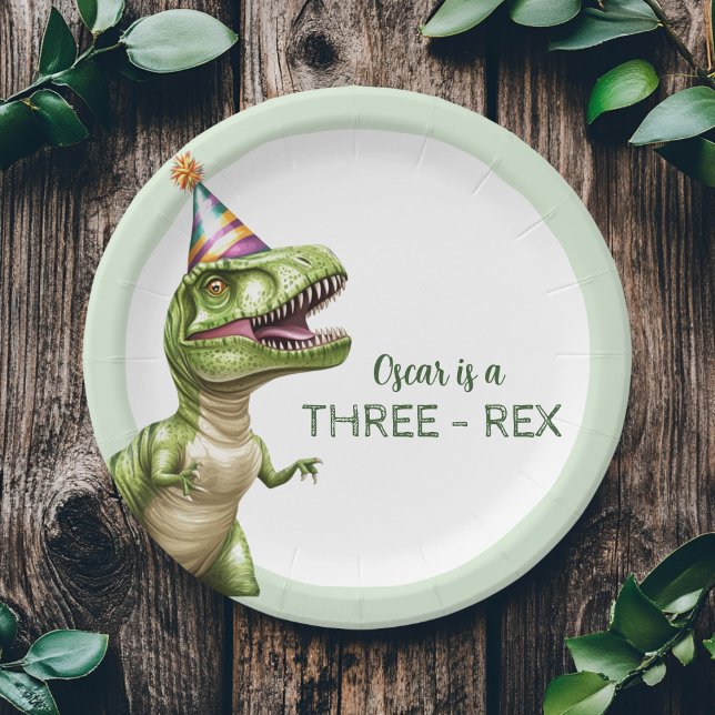 Prato De Papel Aniversário do Dinossauro Três Rex | Green Dino (Criador carregado)