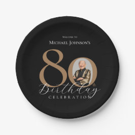 Prato De Papel Aniversário do Dourado 80 de Fotografia preto Eleg