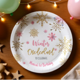 Prato De Papel Aniversário do floco de neve com brilho de inverno