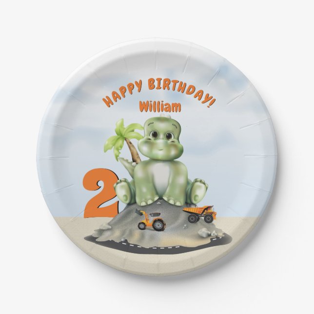 Prato De Papel Aniversário do Garoto da Construção do Dinossaur (Frente)