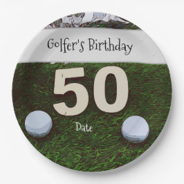 Prato De Papel Aniversário do Golf 50th Golfer com bolas em verde