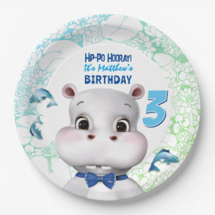 Prato De Papel Aniversário do Menino do Peixe Azul Hipopótamo
