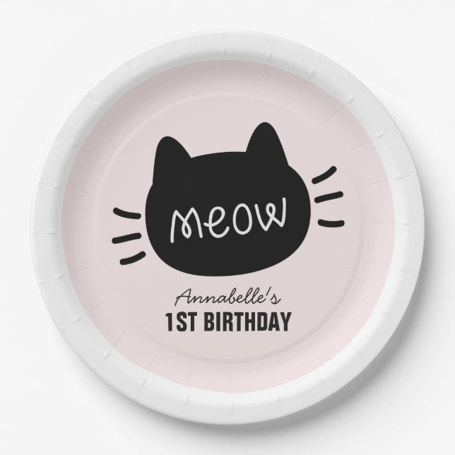 Prato De Papel Aniversário do Meow Black Cat Face Pink Girl (Frente)