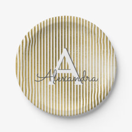 Prato De Papel Aniversário do Monograma com Folha Branca e Ouro