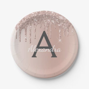 Prato De Papel Aniversário do Monograma Dourado Rosa Rosa Rosa Ro