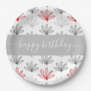 Prato De Papel Aniversário do Padrão Floral Vermelho e Cinza Mo
