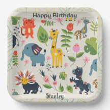 Aniversário do Padrão Folha da Selva Animal Pastel