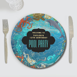 Prato De Papel Aniversário do Partido da Piscina de Natação legal