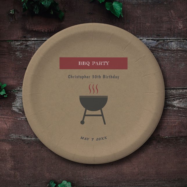 Prato De Papel Aniversário do Partido do CHURRASCO Kraft & Russo (Kraft & Rustic BBQ Party Birthday Paper Plate)