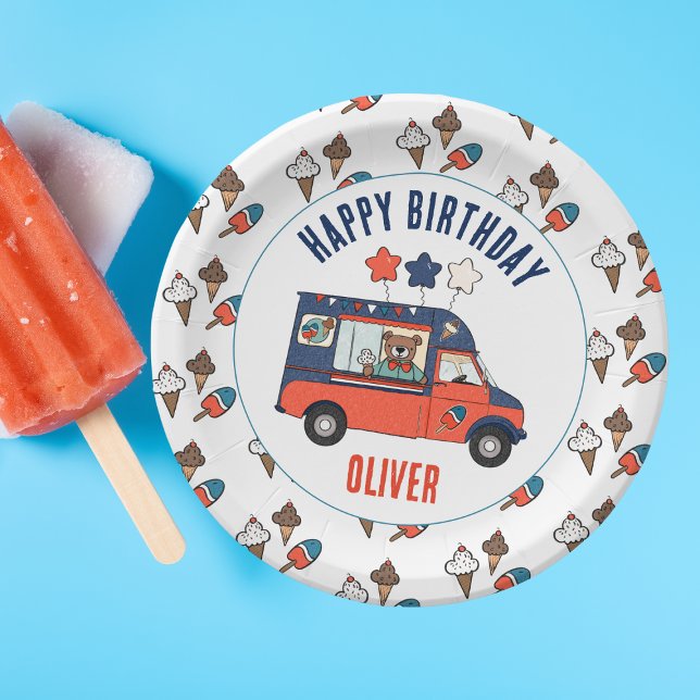Prato De Papel Aniversário do Partido Sorvete do Urso Patriótico (Cute Ice Cream Truck Personalized Birthday Party Plates)