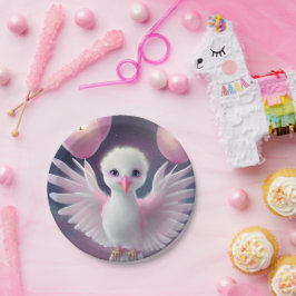 Prato De Papel Aniversário do Pássaro Bebê Branco e Rosa