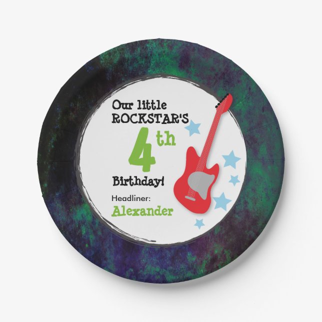Prato De Papel Aniversário do Rockstar do Menino com Violão Verme (Frente)