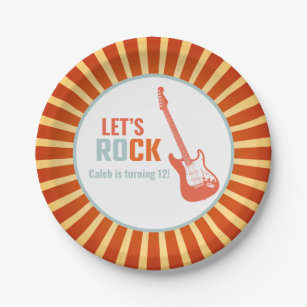 Prato De Papel Aniversário do Roll Rockstar Rock e do Violão Verm