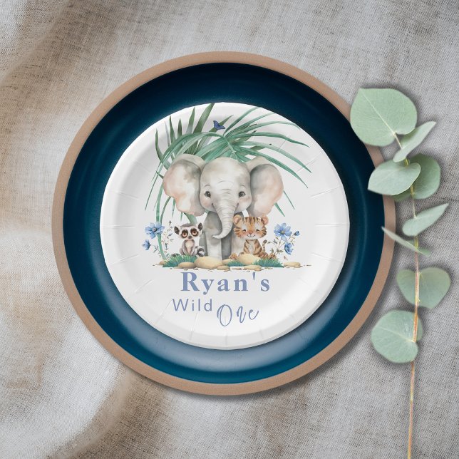 Prato De Papel Aniversário do Safari Jungle Elephant Blue Flowday (Safari Jungle Wild One Party Animals Personalizable Birthday Paper Plate)
