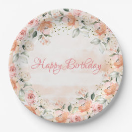 Prato De Papel Aniversário do Script de Aquarela Floral de Blush 