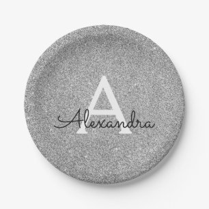 Prato De Papel Aniversário do Silver Glitter & Sparkle Monograma