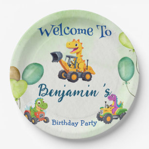 Prato De Papel Aniversário do trator de dinossauro cava balão de