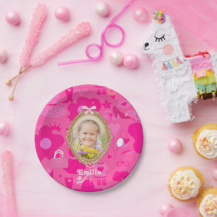 Prato De Papel Aniversário do Vamos de Bonecas Retro Rosa Girly