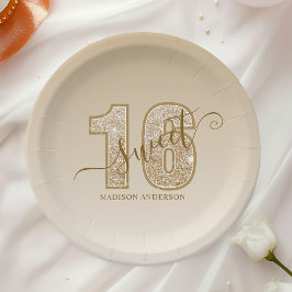 Prato De Papel Aniversário Doce 16 com Letra Brilhante Dourada