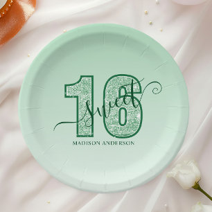 Prato De Papel Aniversário Doce 16 com Letra em Brilho Verde