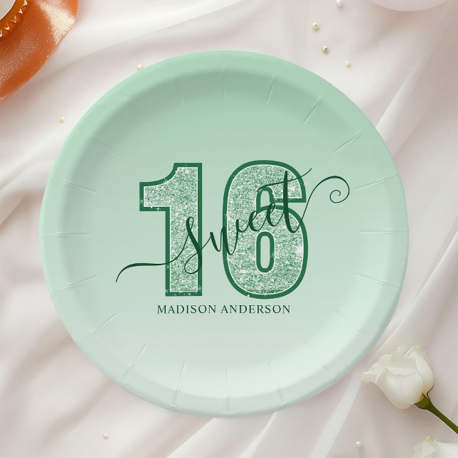 Prato De Papel Aniversário Doce 16 com Letra em Brilho Verde (Criador carregado)