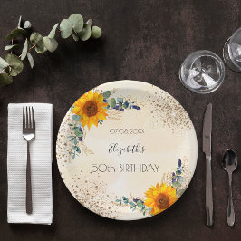 Prato De Papel Aniversário dos girassóis eucalipto-verde