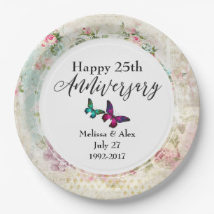 Prato De Papel Aniversário dos Rosas Butterflie e Vintage