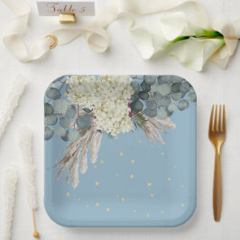 Prato De Papel Aniversário Dourado Elegante Azul Floral