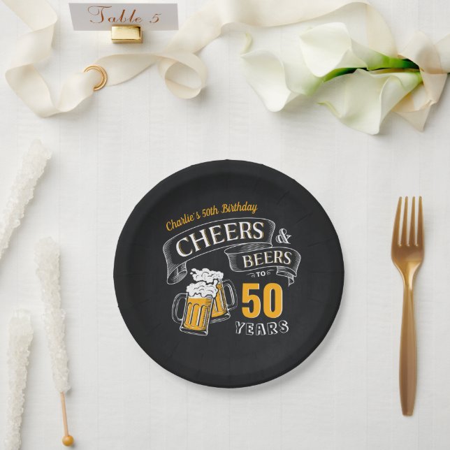 Prato De Papel Aniversário Dourado Negro E Cerveja De Qualquer Id (Casamento)