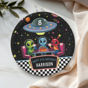 Prato De Papel Aniversário Espacial Neon dos Meninos Fora Deste M
