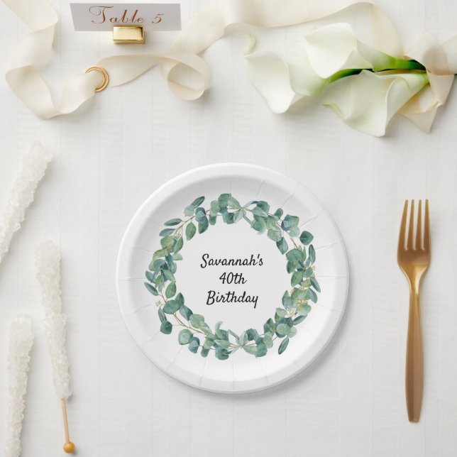 Prato De Papel Aniversário eucalyptus greenery wreath name elegan (Casamento)
