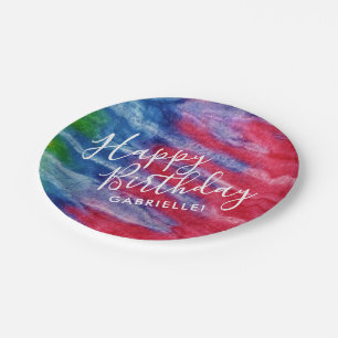 Prato De Papel Aniversário Feliz da Coluna Vermelha Azul com Nome