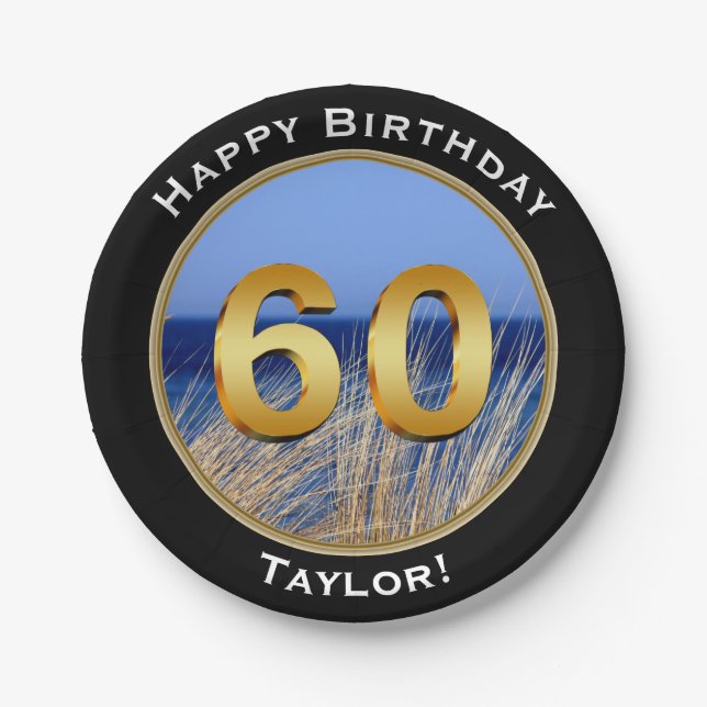 Prato De Papel Aniversário feliz da vista para o mar 60th com (Frente)