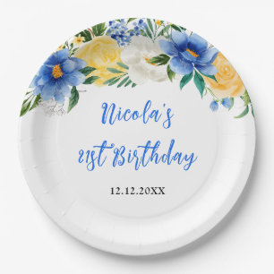 Prato De Papel Aniversário Floral Azul e Amarelo
