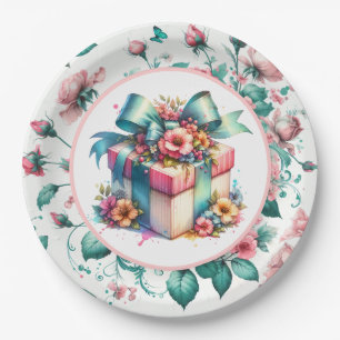 Prato De Papel Aniversário Floral do Chique Rosa de Aquarela