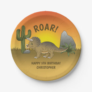 Prato De Papel Aniversário Infantil Triceratops Dinossauro Desert
