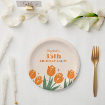 Aniversário Laranja Floral Tulipa Retro Elegante